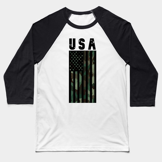 USA Camo Flag Front and Back print Baseball T-Shirt by Designs by Dyer